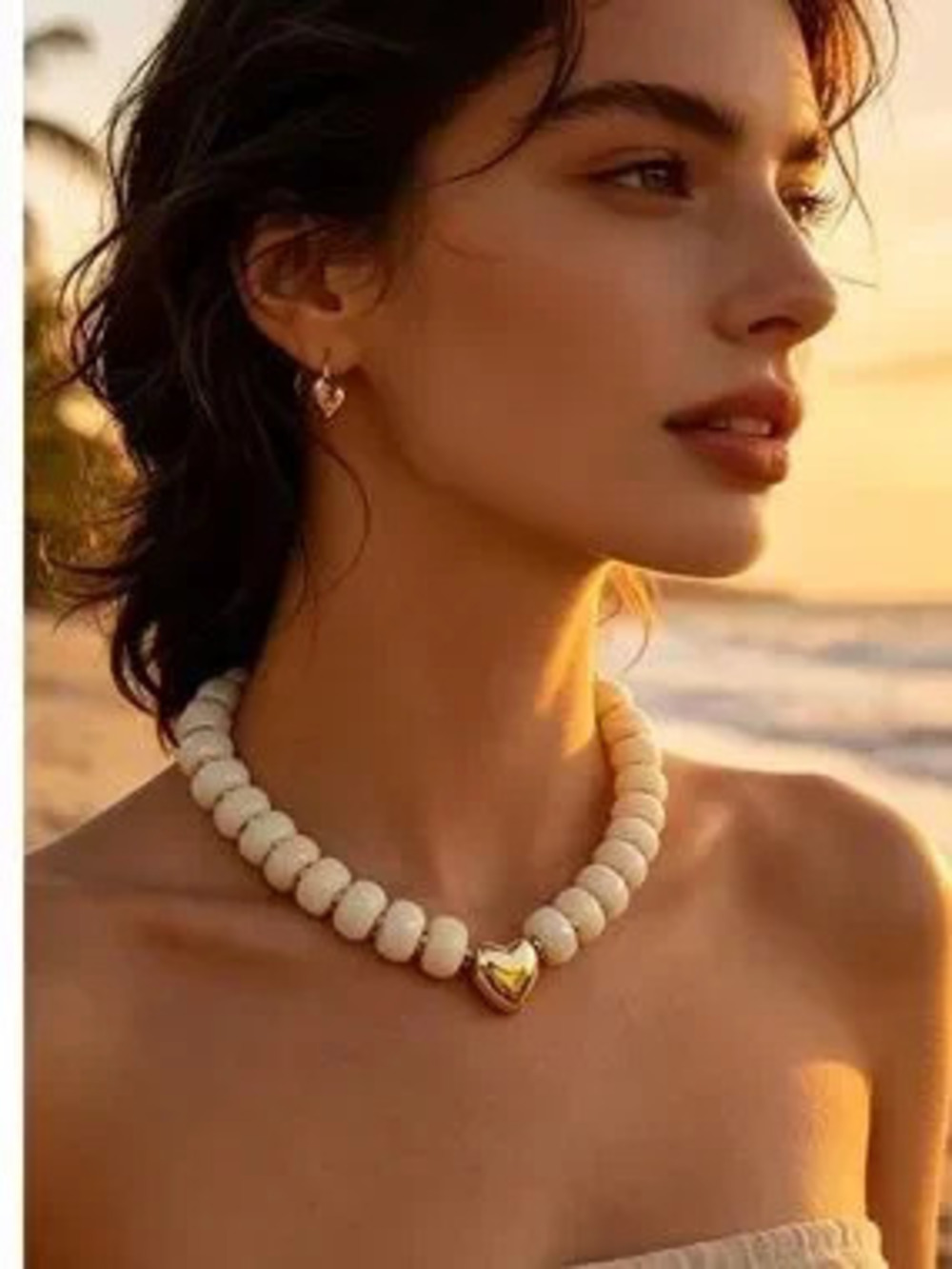Amalfi Cream Beaded Necklace with Gold Heart Pendant